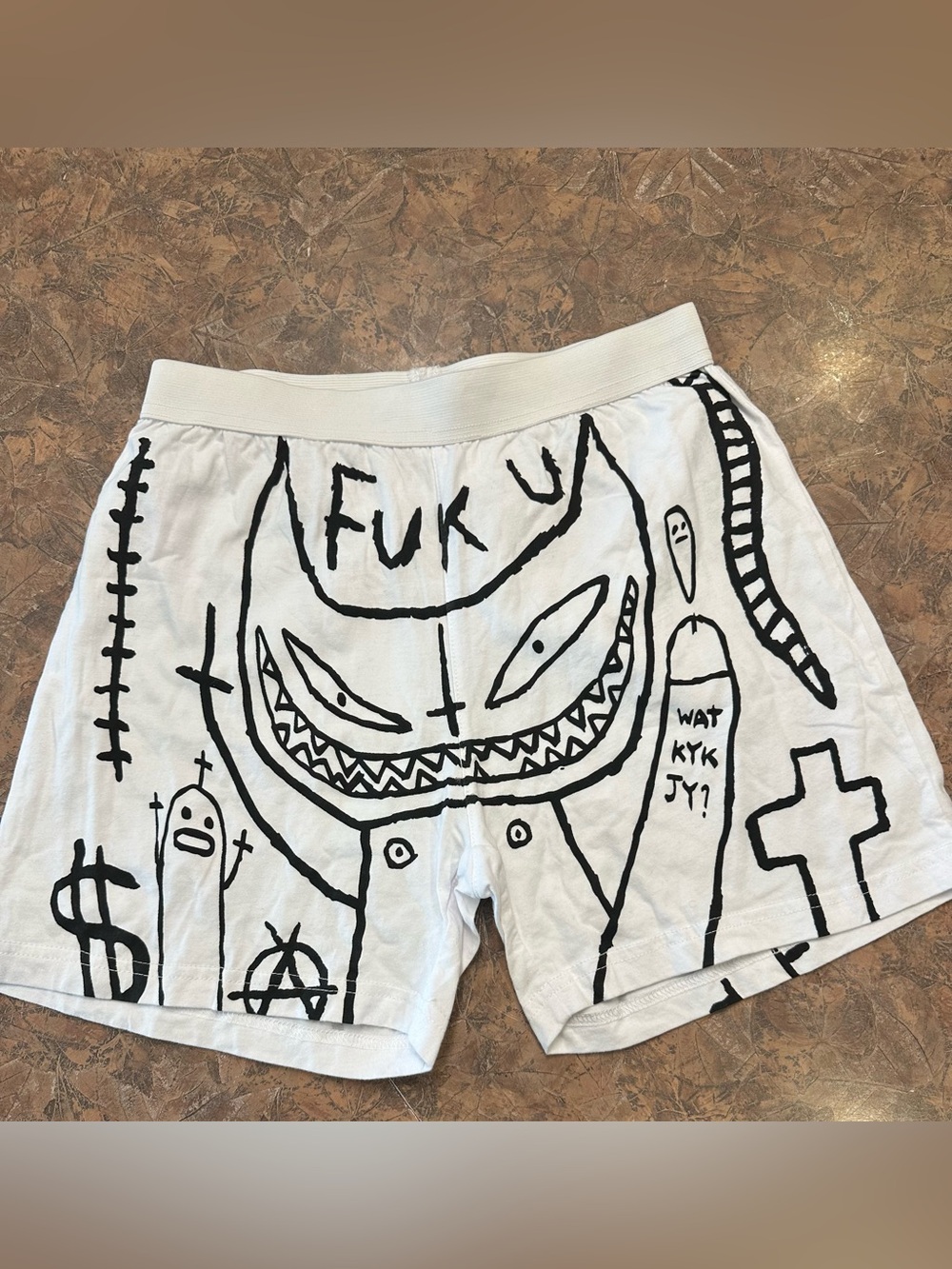 White Graphic Boxer Shorts with Black Monster Doodle